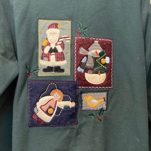 Karen Scott GREEN Flannel SWEATSHIRT Applique & Embroidery SANTA Snowman ANGEL M - Picture 2 of 8